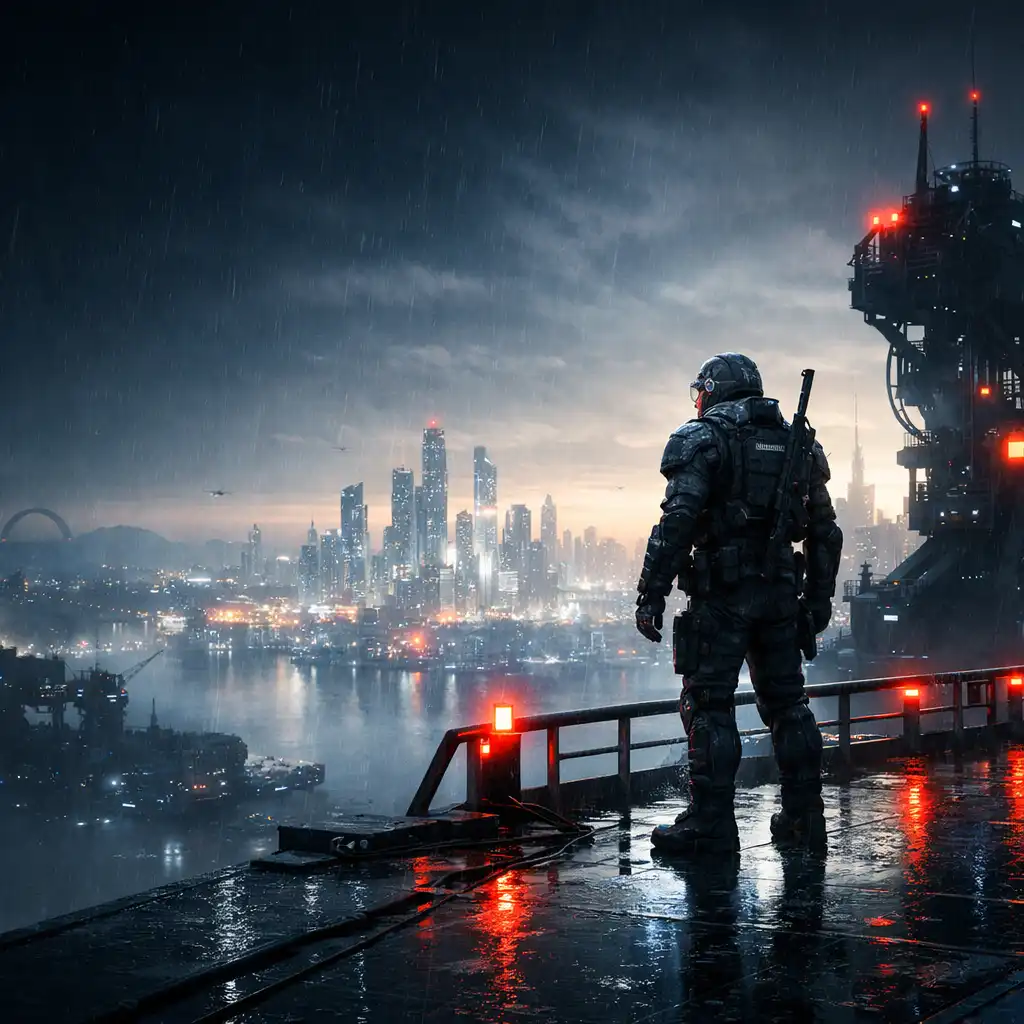 Armoured explorer on an elevated platform above a luminous futuristic city