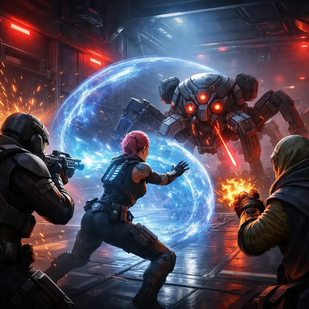 Three players facing a mechanical enemy in a science-fiction space station