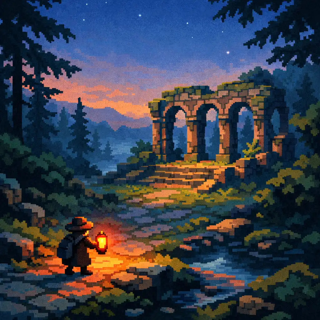 Pixel-art traveller carrying a lantern toward an ancient ruin at dusk