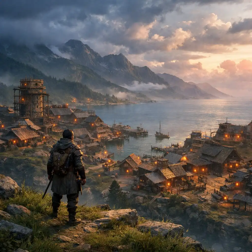 Explorer overlooking a rebuilt coastal settlement from a grassy plateau