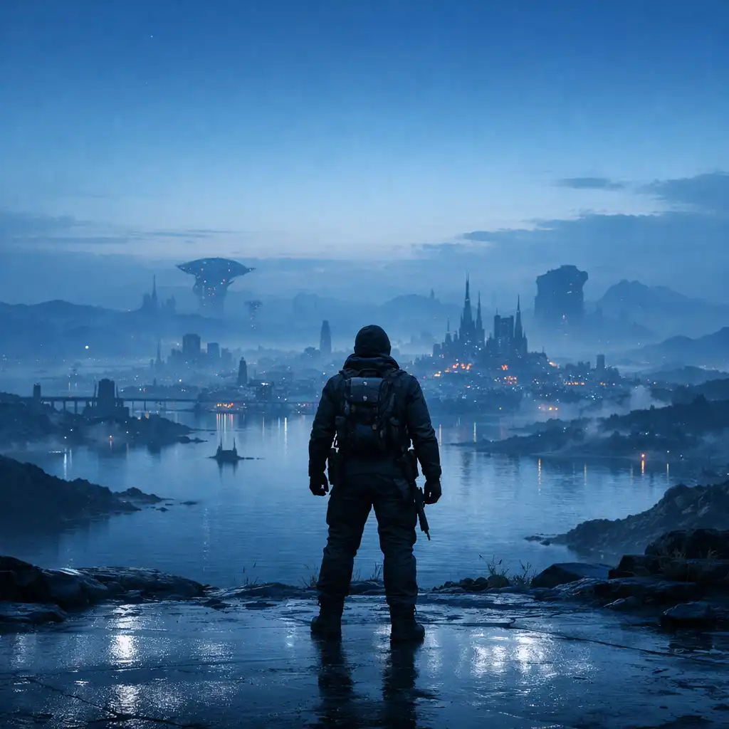 A solitary explorer overlooking a misty city at blue hour