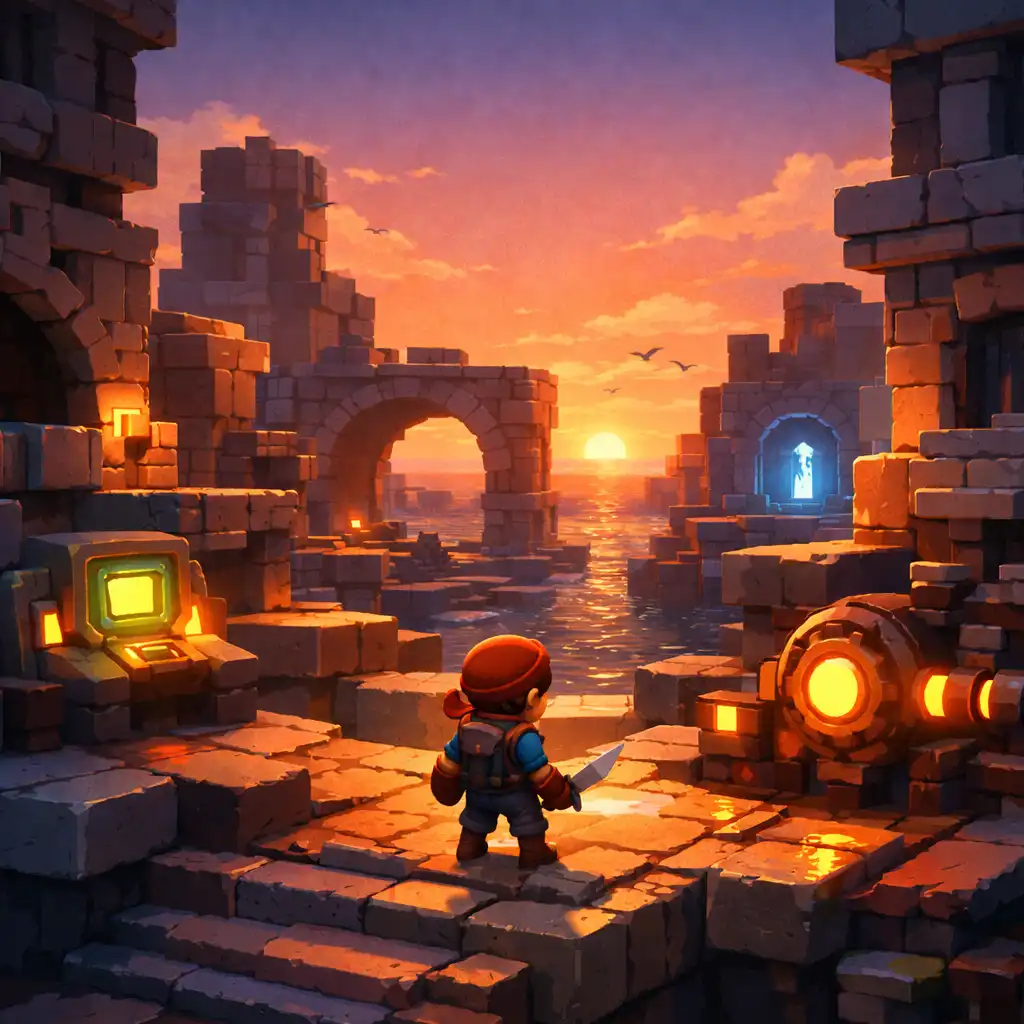 A hero exploring an arcade-like coastal ruin at sunset