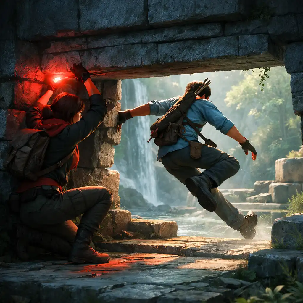 Two player characters coordinating in an action-adventure environment