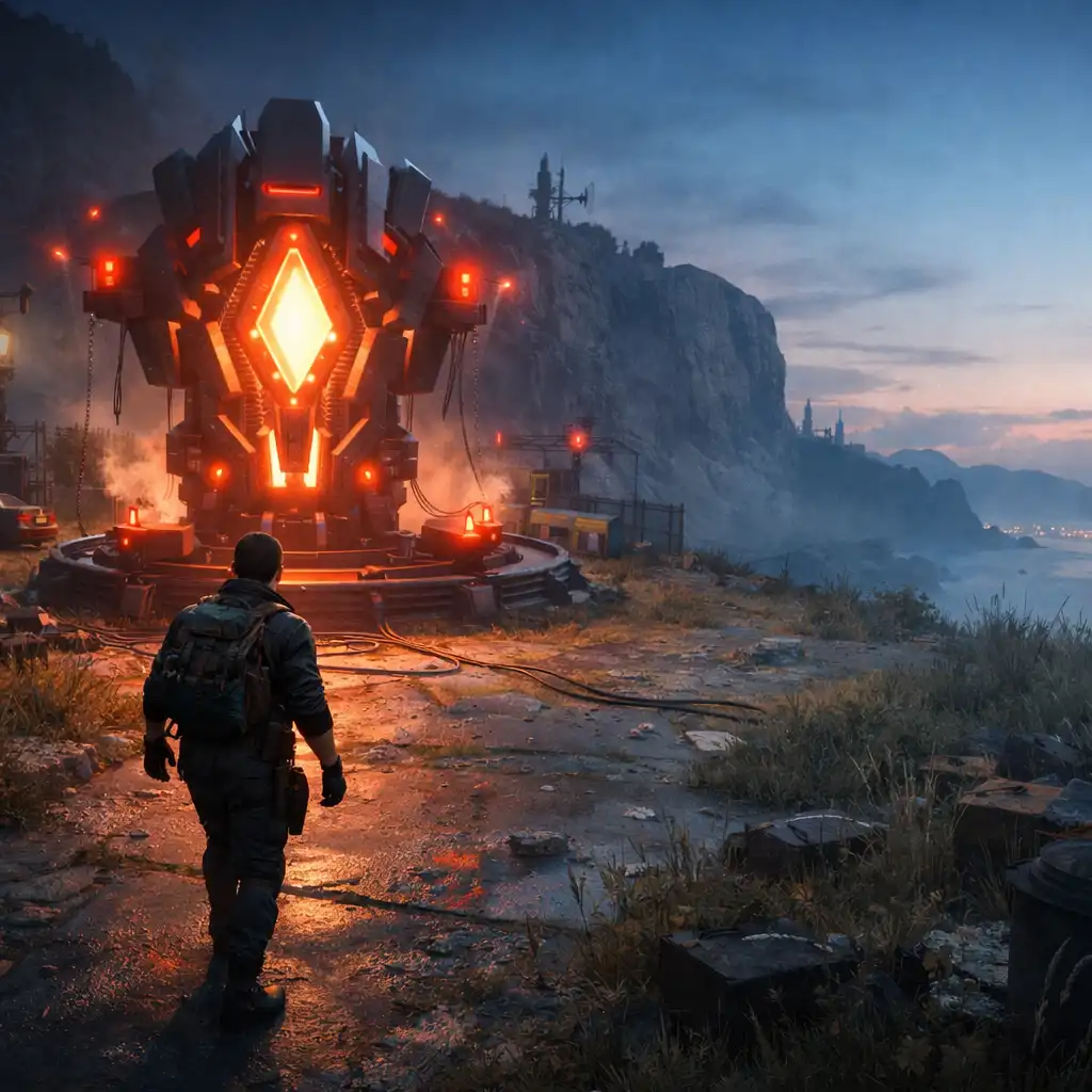 A player character approaching a luminous structure in a contemporary game world
