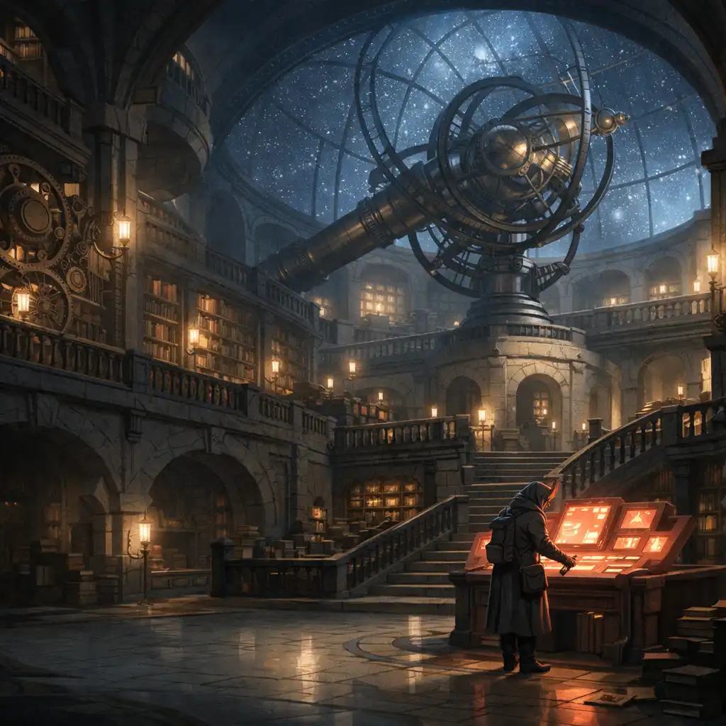 Traveller studying a glowing console inside a mechanical observatory library