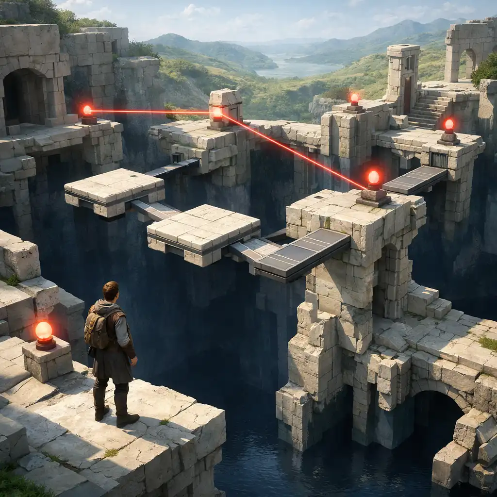 A character studying moving pathways through a modular ruin