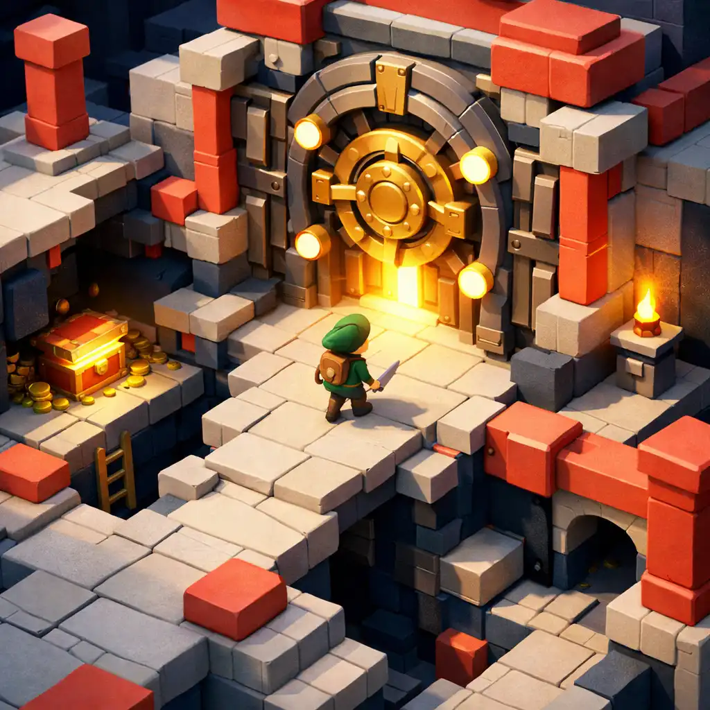 A small adventurer exploring a colourful geometric ruin