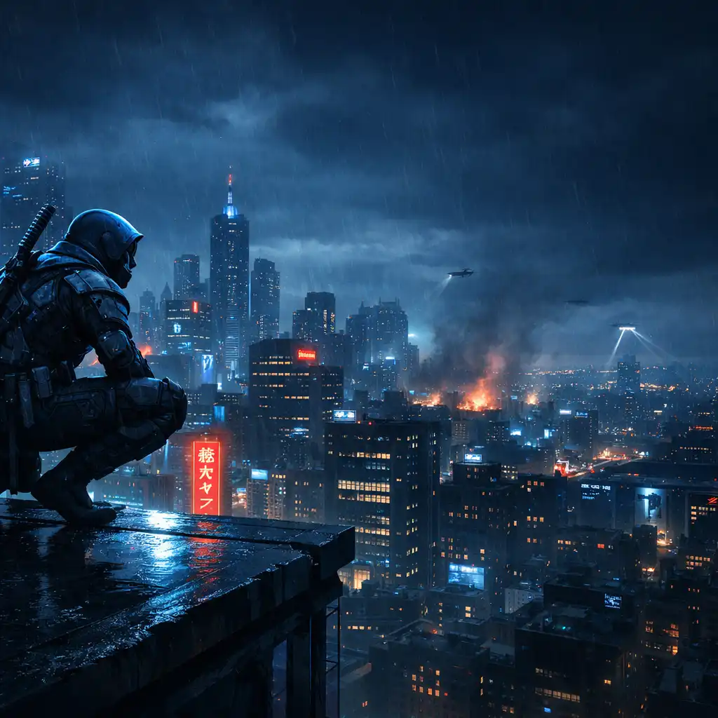 Armoured player character on a rain-slick rooftop above a neon-lit city