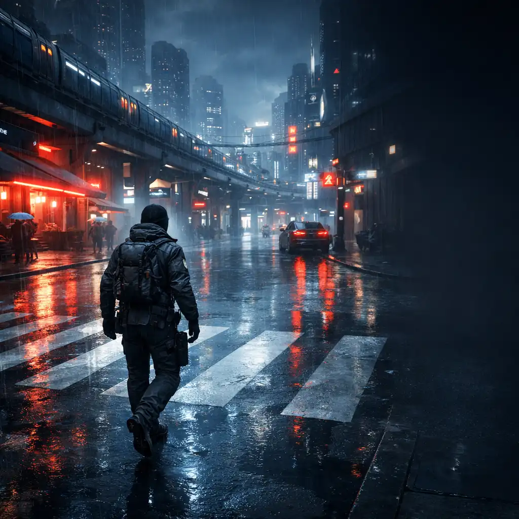 A player character crossing a rain-slick futuristic city street