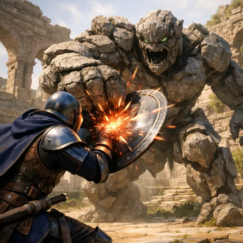 Player character parrying a stone creature in a sunlit ruined arena