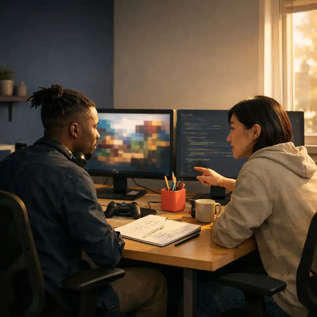 Developers collaborating at monitors in a small game studio