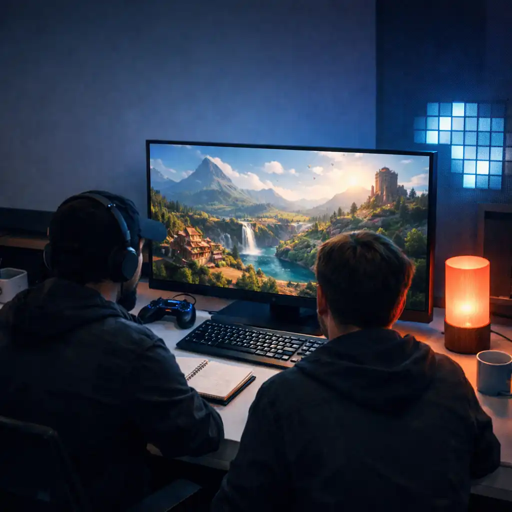 Game development studio desk with creators reviewing an open-world scene