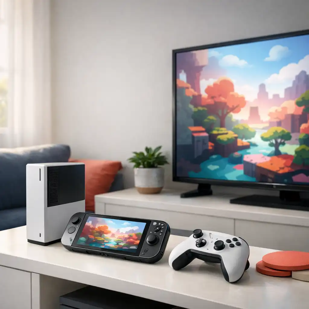 Game console, handheld device and controller in a bright modern lounge