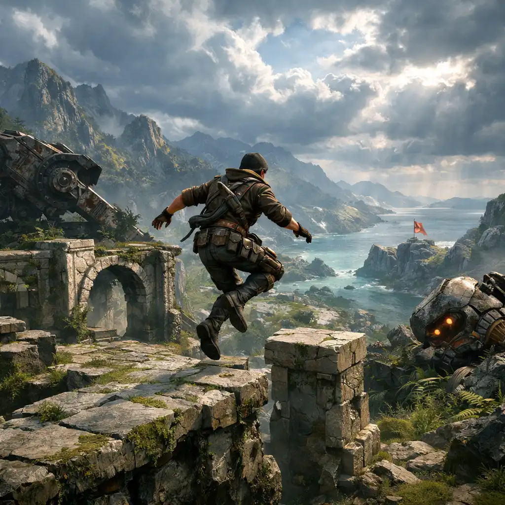 An agile hero moving across stone ruins above a coastal valley