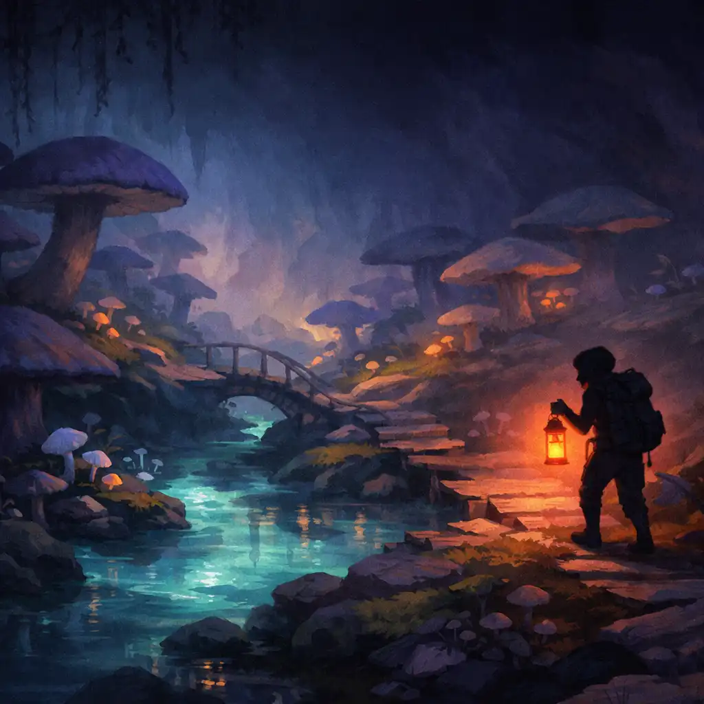 A small explorer with a lantern in a glowing underground garden