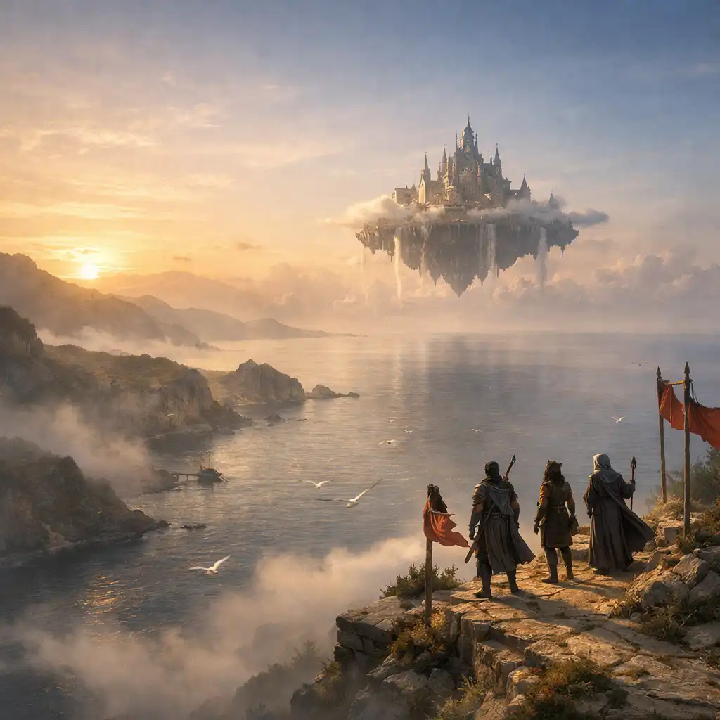 Adventurers looking toward a floating citadel above a fantasy coastline