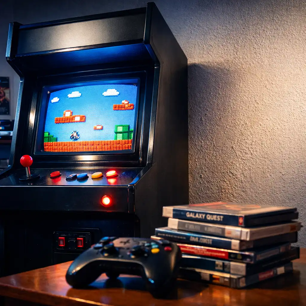 Classic arcade cabinet glowing in a bright evening game room