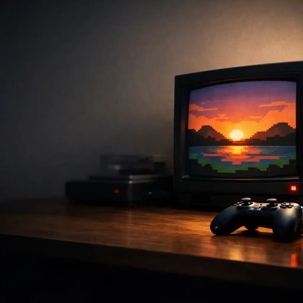 A CRT-style television and modern controller on a dimly lit game-room desk