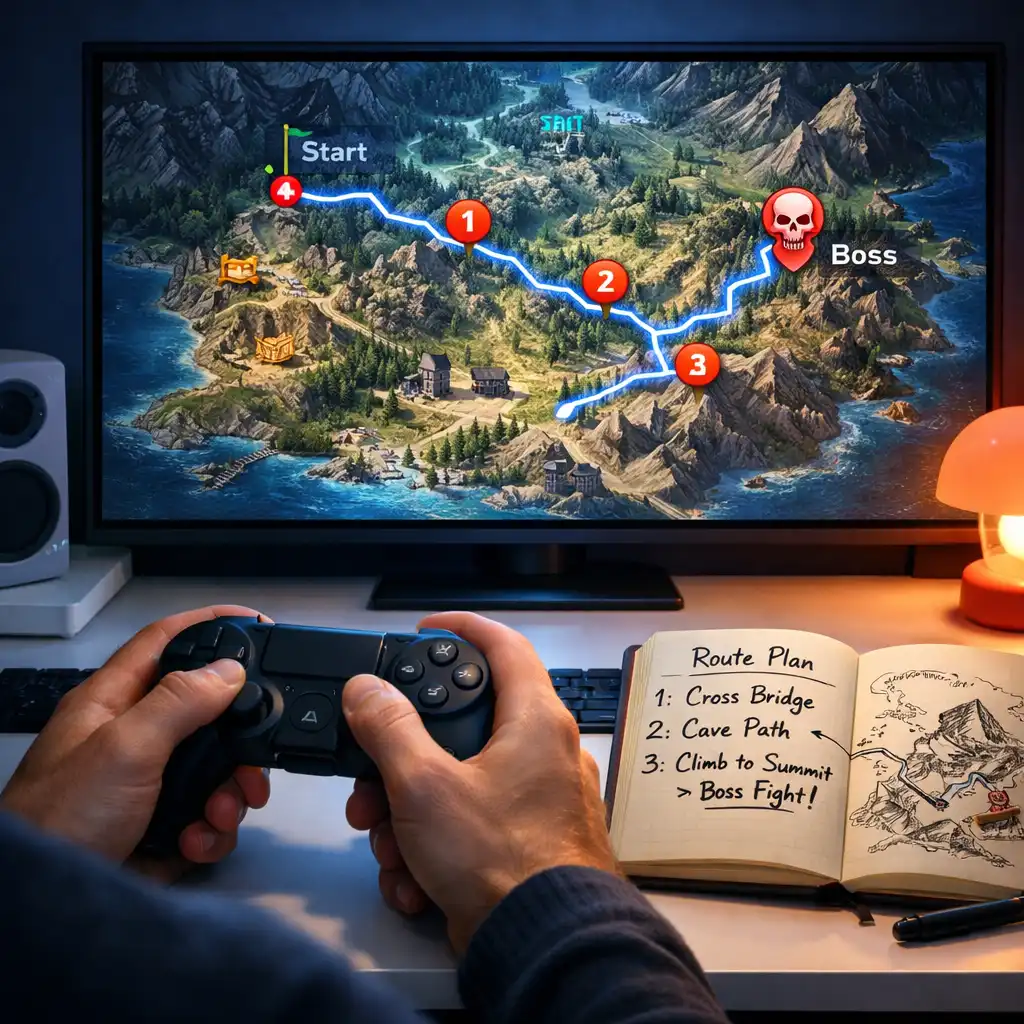 Player holding a controller beside a detailed fantasy map and route notes