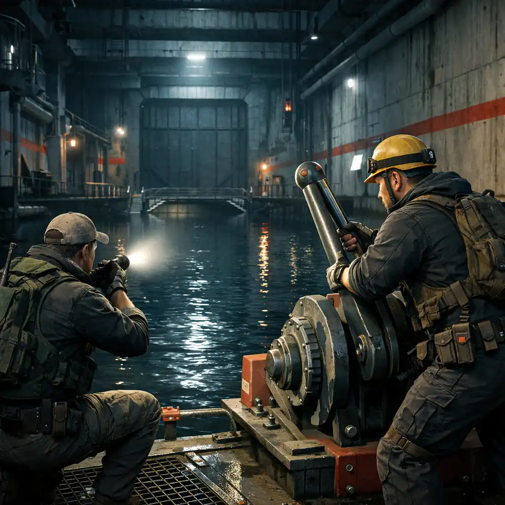 Two players coordinating around a lever in a flooded industrial chamber