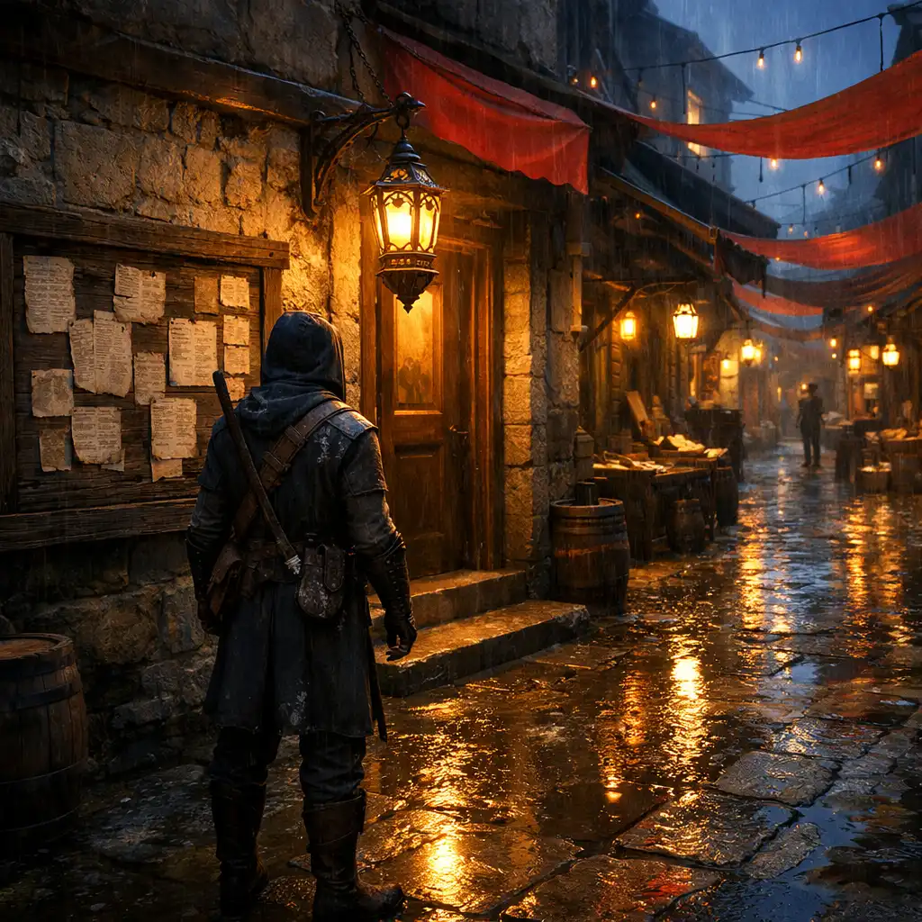 A player beside a notice board in a rain-washed market lane