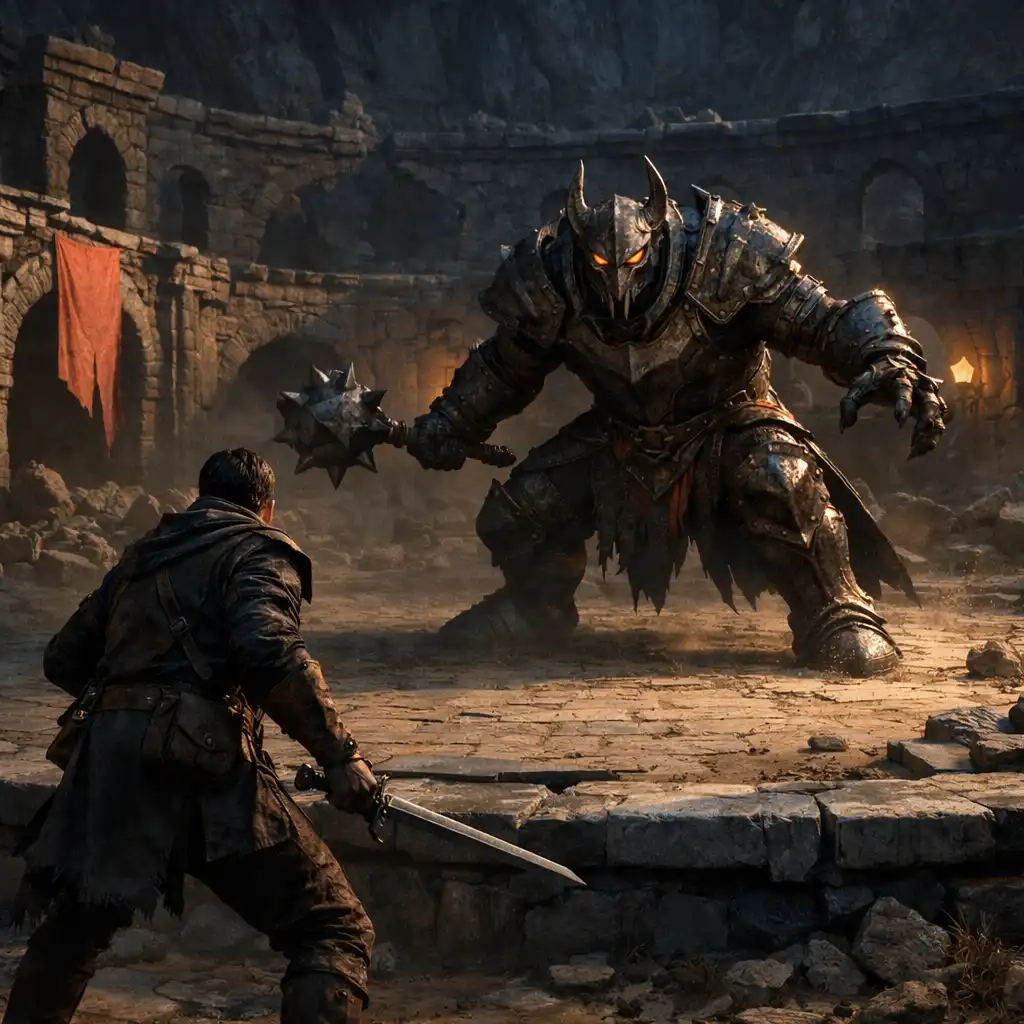 A player facing an armored creature in a circular ruined arena