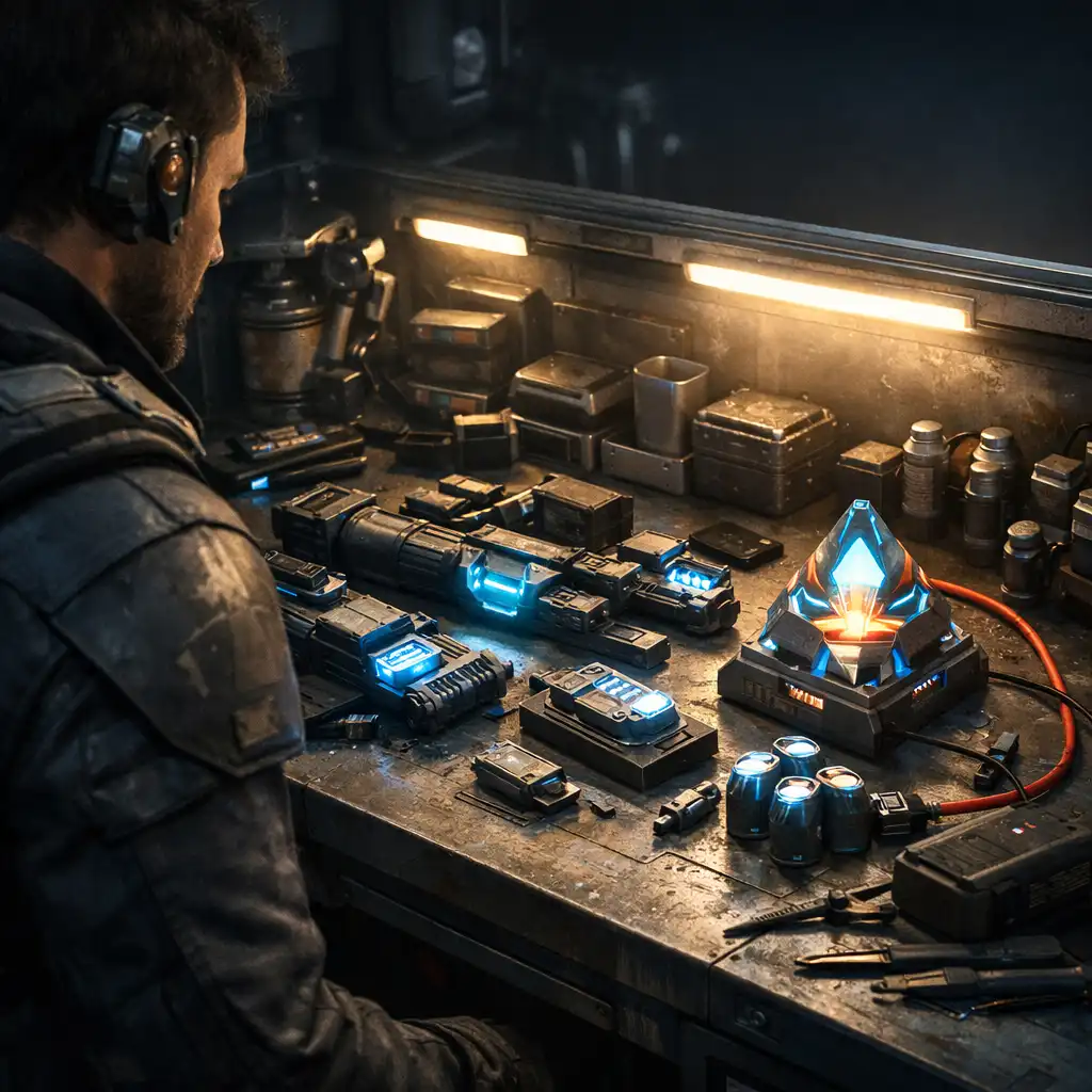 A player studying modular gear and components at a science-fiction workbench