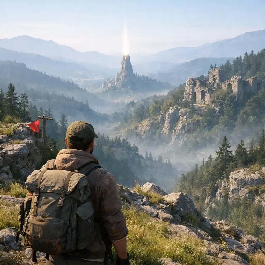 An explorer on a grassy ridge looking toward a distant beacon and hidden ruin