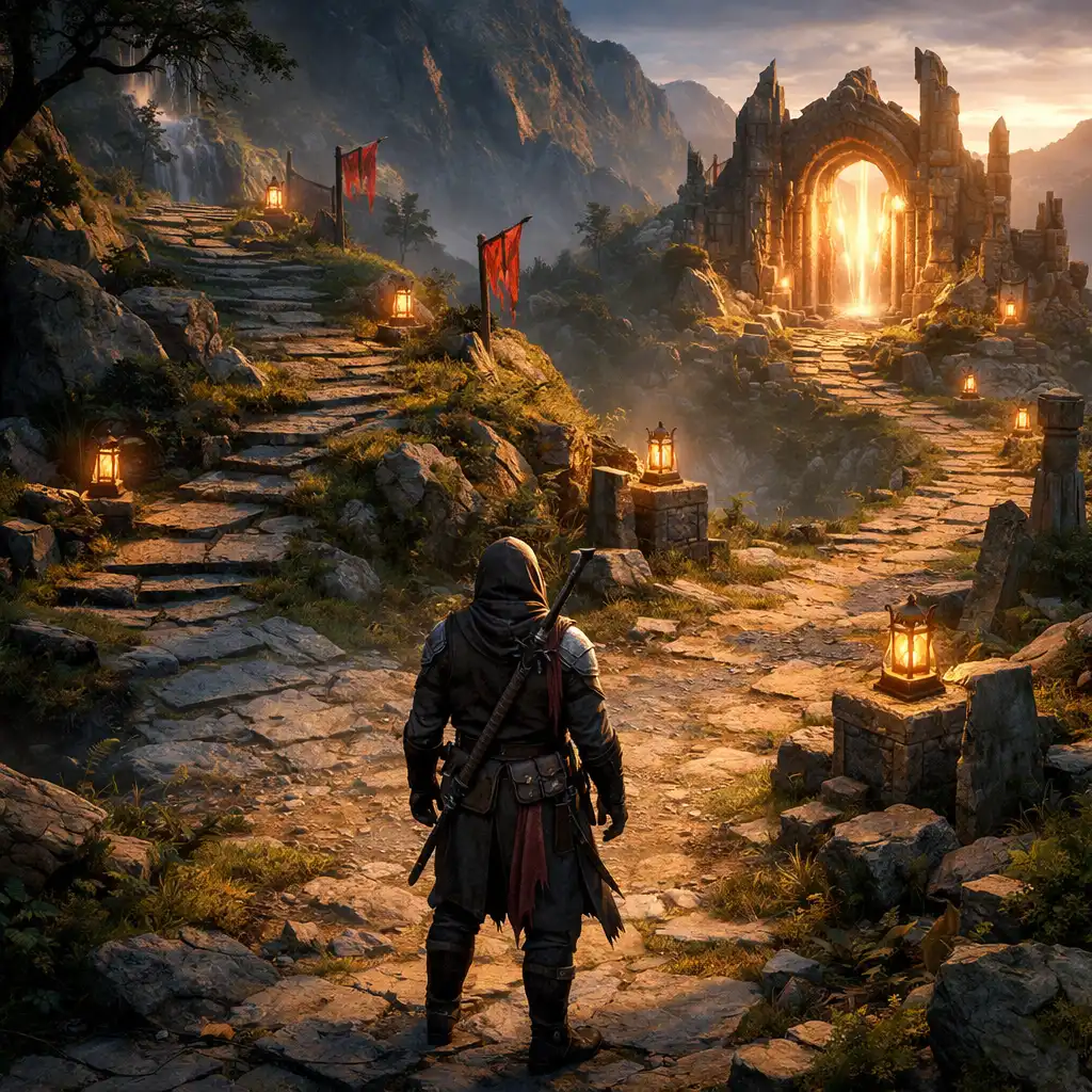 An equipped adventurer facing a forked ancient stone path toward a glowing ruined gate