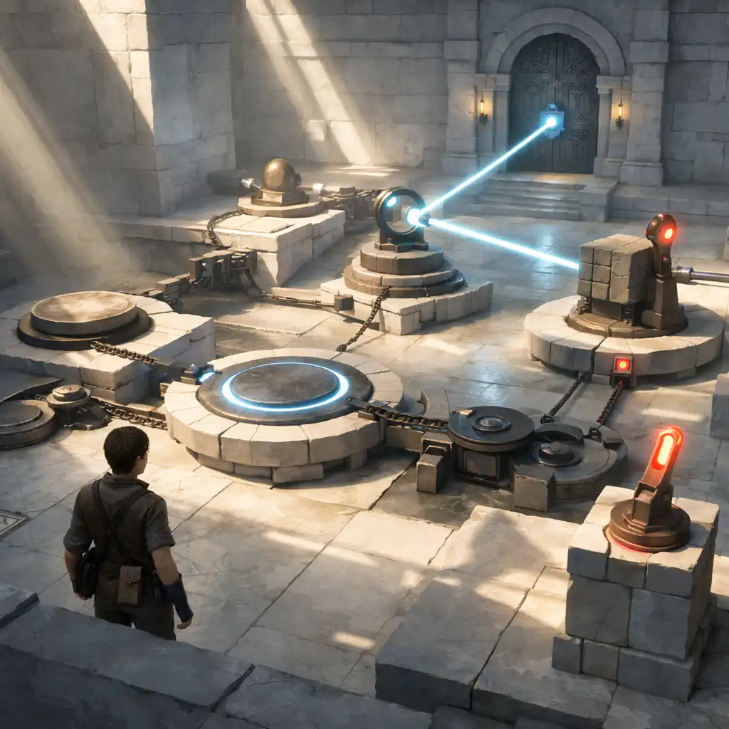 A player observing interconnected light beams, weight plates and mechanisms in a puzzle room