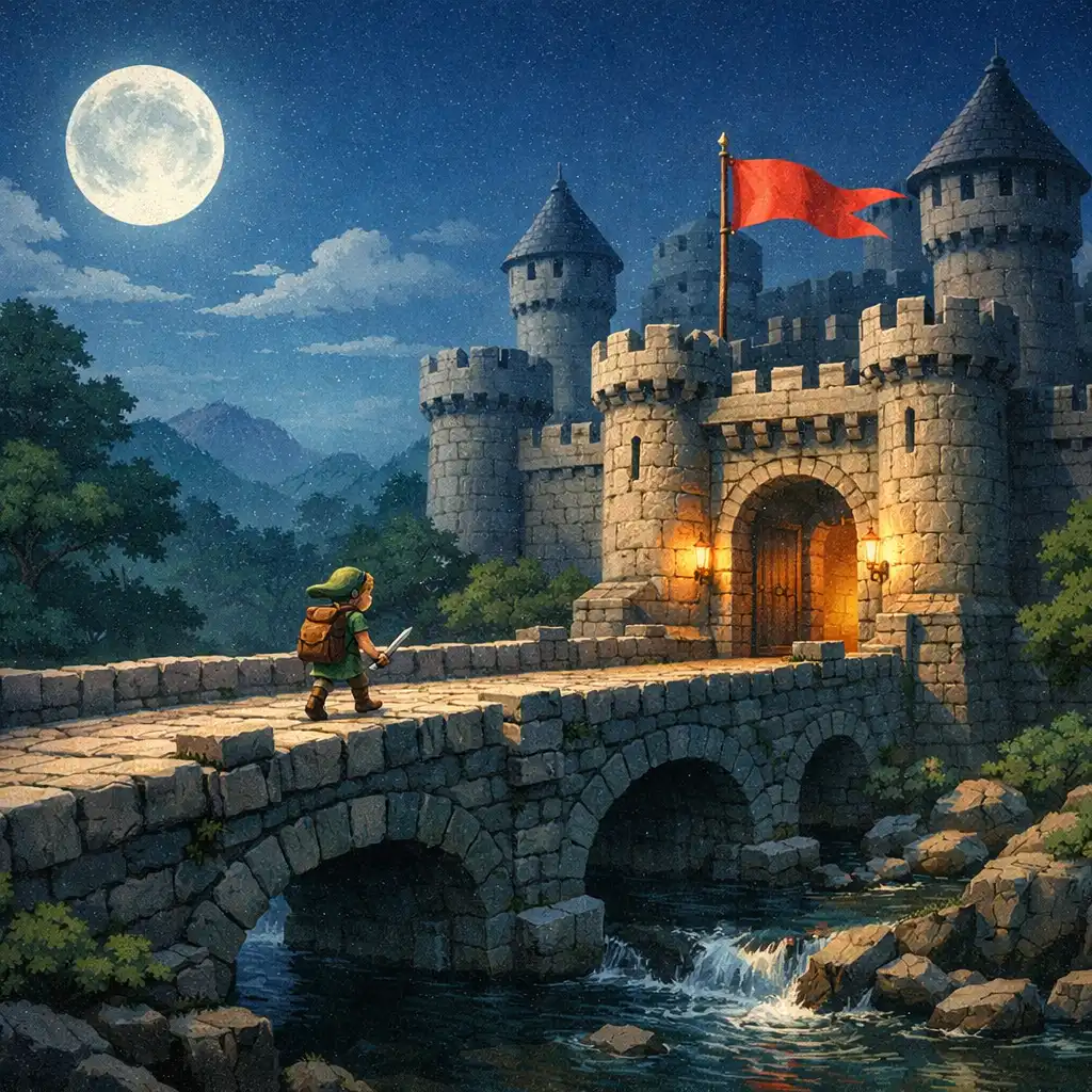A small adventurer crossing a stone bridge toward a castle gate under a moonlit sky